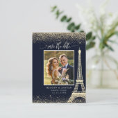 Paris Eiffel Tower Navy Gold Photo Save the Date Aankondigingskaart (Staand voorkant)