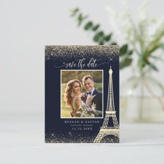 Paris Eiffel Tower Navy Gold Photo Save the Date Aankondigingskaart (Staand voorkant)