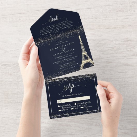 Paris Eiffel Tower Navy Gold Sparkle Weddenschap All In One Uitnodiging (Afscheurbaar)