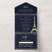 Paris Eiffel Tower Navy Gold Sparkle Weddenschap All In One Uitnodiging (Binnen)