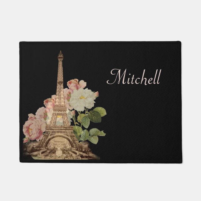 Paris Eiffel Tower Pink Roses Doormat Deurmat (Voorkant)