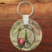 Paris Eiffel Tower & Red Rose Steampunk Sleutelhanger (Voorkant)