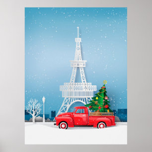 Paris Eiffel Tower Red Truck Kerstmis Poster
