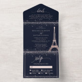 Paris Eiffel Tower Roos Gold Sparkle Weddenschap All In One Uitnodiging (Binnen)