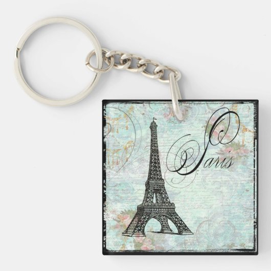 Paris Eiffel Tower & Roze Roses Sleutelhanger (voorkant)