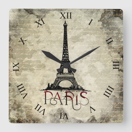 Paris, Eiffel Tower  Script Vierkante Klok (Voorkant)