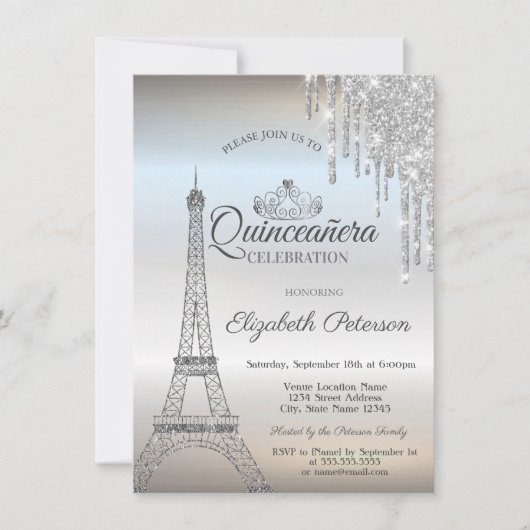 Paris Eiffel Tower, Tiara, Drips Silver Quinceañer Kaart (Voorkant)