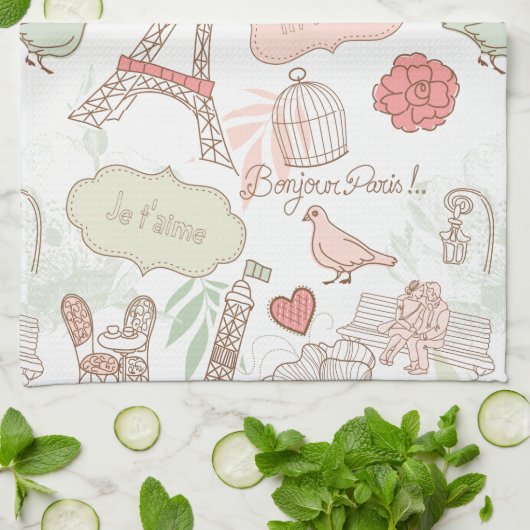 Paris Eiffel Tower Whimsical Roze Theedoek (Gevouwen)