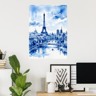 Paris Eiffeltoren Blauwe Aquarel Poster   Frankrij