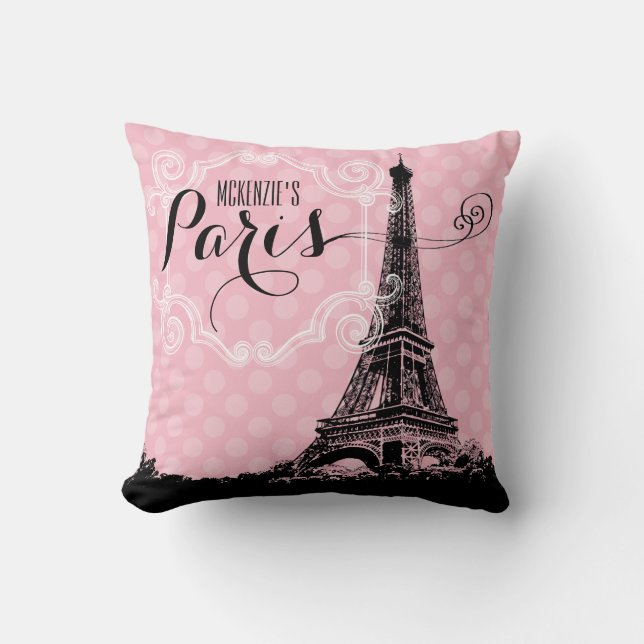 Paris Eiffeltoren Meisje Roze Monogrammed Kussen (Voorkant)