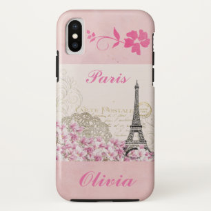 Paris Eiffeltoren Roze Bloemen Naam toevoegen iPhone XS Hoesje