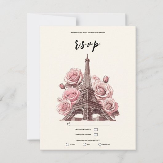 Paris Eiffeltoren & Roze Rozen Feest Bruiloft RSVP Kaart (Voorkant)