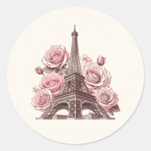 Paris Eiffeltoren & Roze Rozen Ronde Sticker