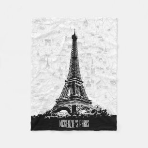 Paris Eiffeltoren Zwart Wit  Kaart Naam Fleece Deken