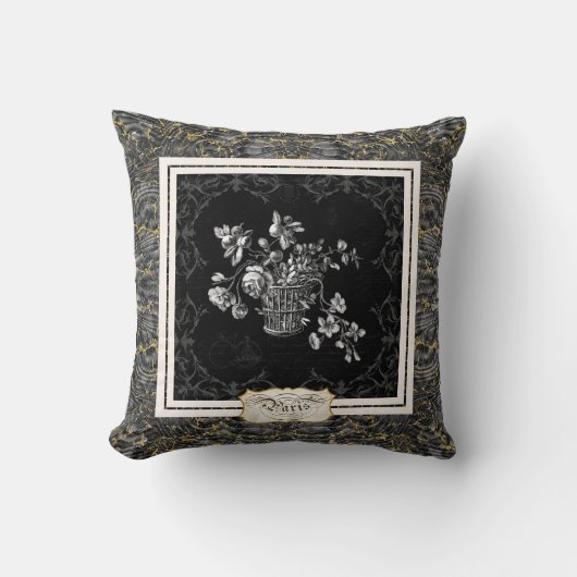 Paris Flowers Marble Black in Gold Glitter Kussen (Voorkant)