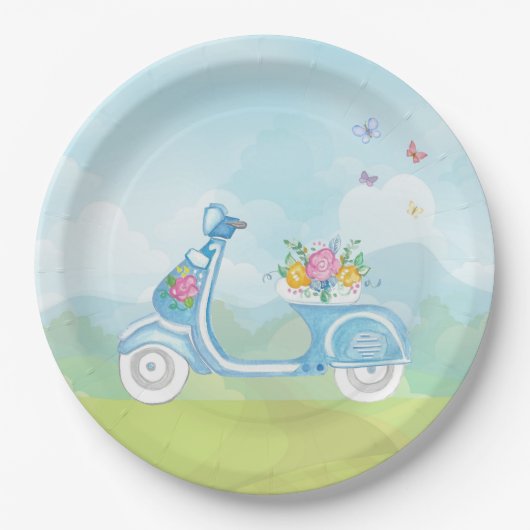 Paris France Eiffel Tower met scooterpartijthema Papieren Bordje (Voorkant)