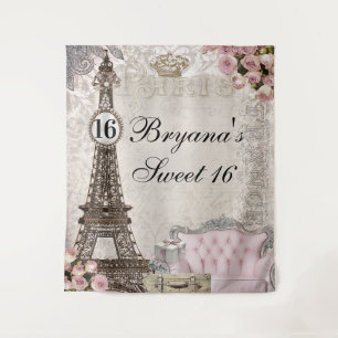 Paris France Pink Roses Sweet 16 Party Backdrop Wandkleed