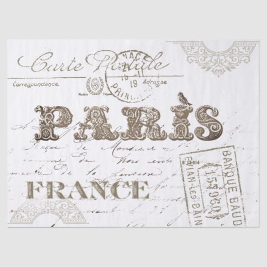 Paris France Typography  Carte Postale Bird Tissuepapier (Voorkant)