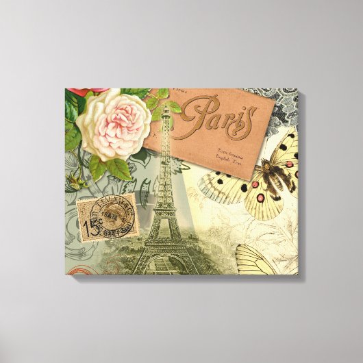 Paris Frankrijk Antiek kunstwerk Collage Eiffel Fr Canvas Afdruk (Voorkant)
