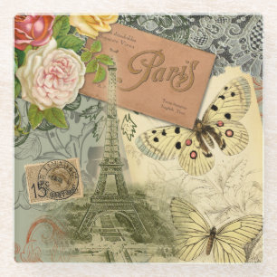 Paris Frankrijk Antiek kunstwerk Collage Eiffel Fr Glazen Onderzetter