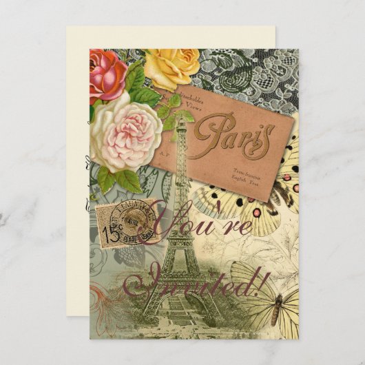 Paris Frankrijk Antiek kunstwerk Collage Eiffel Fr Kaart (Voorkant / Achterkant)