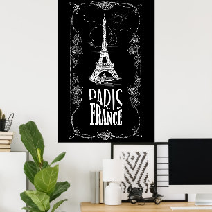 Paris Frankrijk Wit op zwart Poster