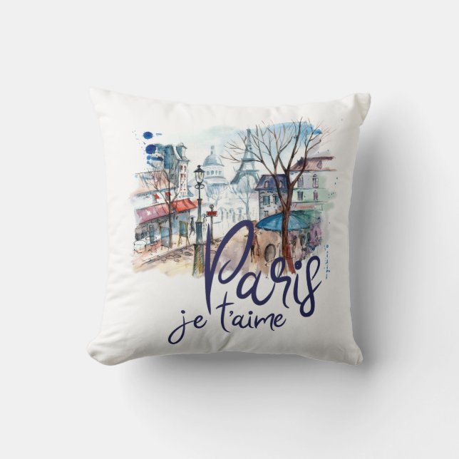 Paris Je t'aime Waterverf Calligraphy France Art Kussen (Voorkant)