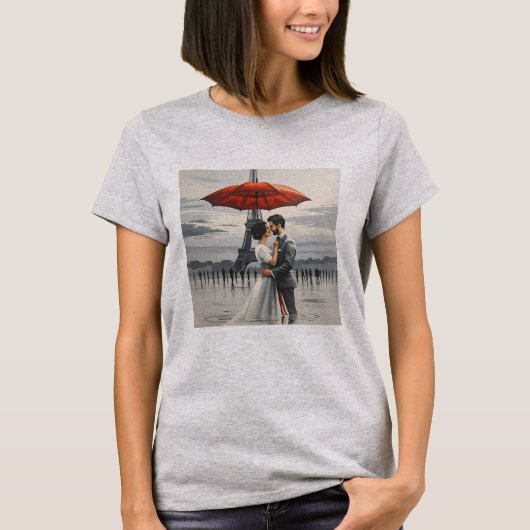 Paris Kiss onder het rode paraplu T-shirt (Voorkant)
