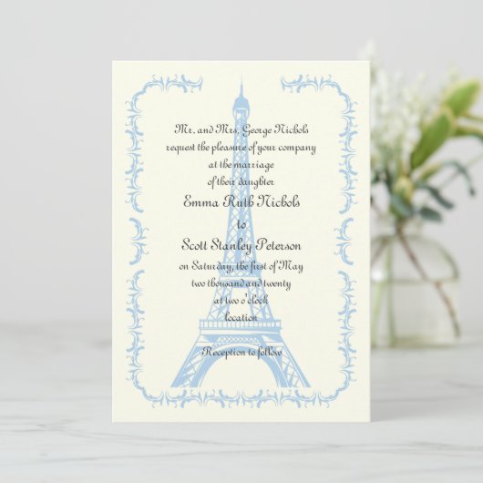 Paris mariage bleu Tour Eiffel invitation en ivoir (Debout devant)
