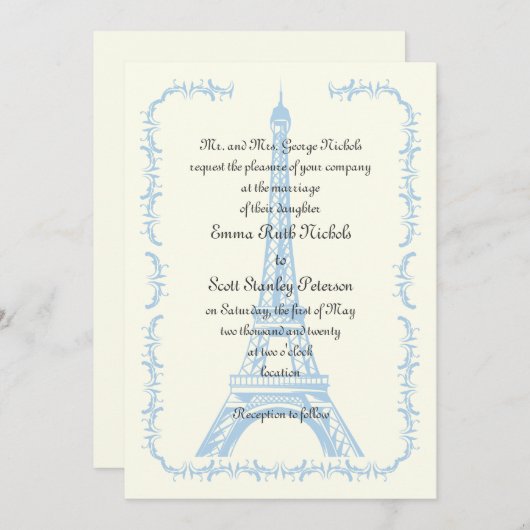 Paris mariage bleu Tour Eiffel invitation en ivoir (Devant / Derrière)