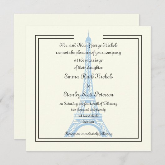 Paris mariage bleu Tour Eiffel invitation en ivoir (Devant / Derrière)