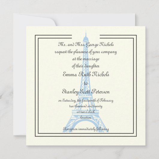 Paris mariage bleu Tour Eiffel invitation en ivoir (Devant)
