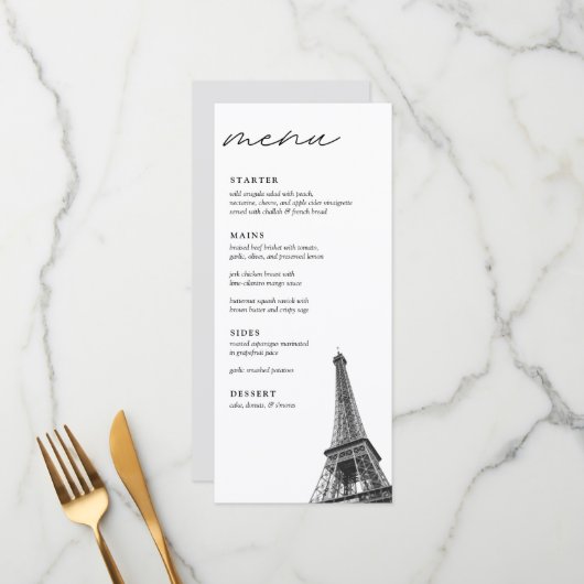 Paris Mariage Moderne Elégant Dîner Menu (Devant/Arrière en situation)