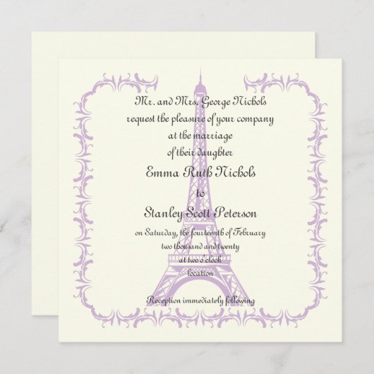 Paris mariage violet Tour Eiffel invitation en ivo (Devant / Derrière)