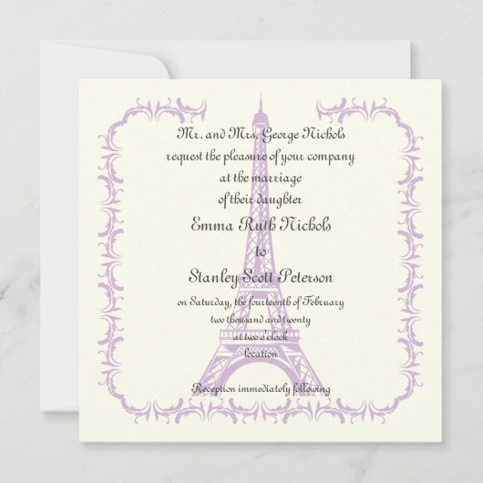 Paris mariage violet Tour Eiffel invitation en ivo (Devant)