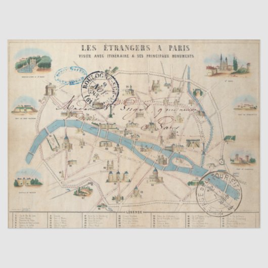 Paris Monument Map Guide  Frans Postmark Tissuepapier (Voorkant)
