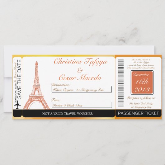 Paris Peach Boarding Pass Faire-part de mariage (Devant)