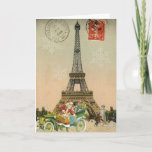 Paris Père Noël et carte de Noël de bonhomme de<br><div class="desc">Une belle image vintage de Tour Eiffel à Paris d'une vieille carte postale avec le timbre et les cachets de la poste est jointe par grand Père Noël vintage avec une voiture pleine des jouets et des enfants construisant un bonhomme de neige par la base de Tour Eiffel sur cette...</div>