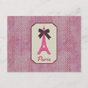 Paris Pink and Black Polka Dot Eiffel Tower & Bow Briefkaart