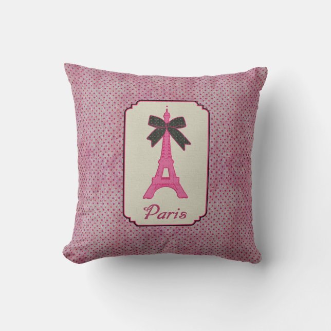 Paris Pink and Black Polka Dot Eiffel Tower & Bow Kussen (Voorkant)