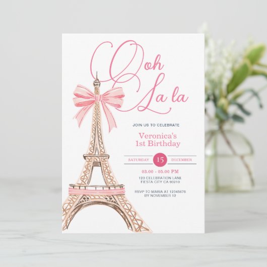 Paris Pink Bow verjaardagsfeestje uitnodiging (Staand voorkant)