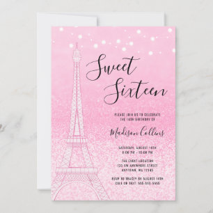 Paris Pink Glitter Lights Sweet 16 Kaart