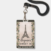 Paris Pink Rose Vines Eiffeltoren VIP Pass Badge (Back with Lanyard)