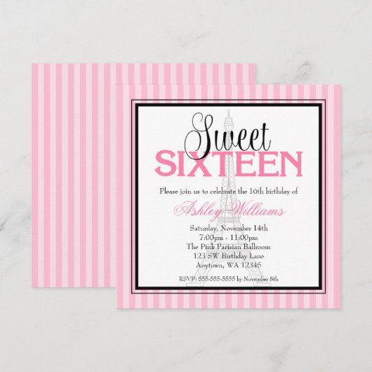 Paris Pink Stripes Sweet 16 Birthday Invitations Kaart (Voorkant / Achterkant)