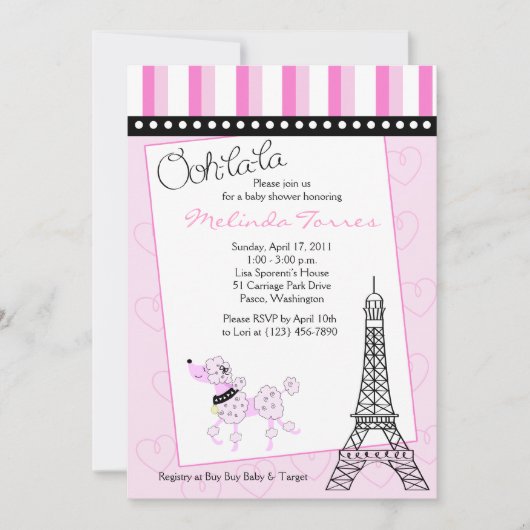 Paris Poodle 5x7 Baby shower rose Invitation (Devant)