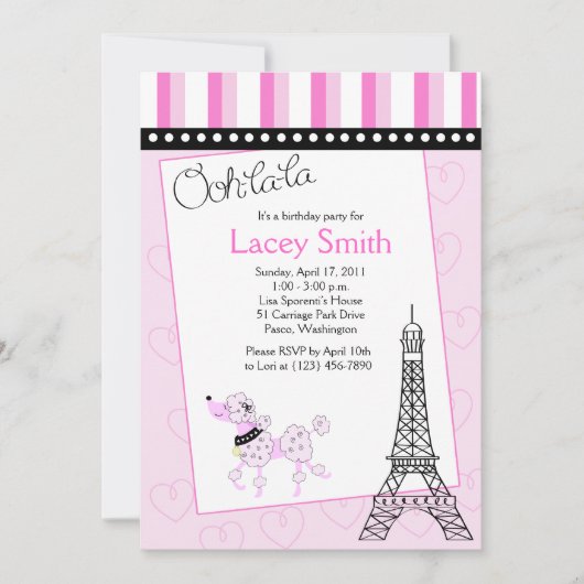 Paris Poodle 5x7 rose Invitation d'anniversaire (Devant)