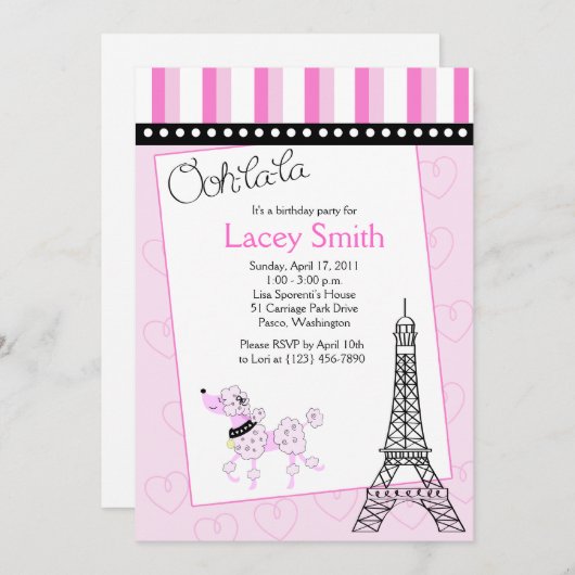 Paris Poodle 5x7 rose Invitation d'anniversaire (Devant / Derrière)