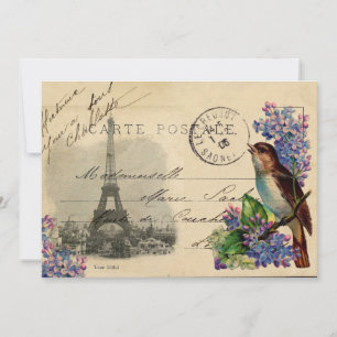 Paris Postcard Bird sur invitation Lilacs