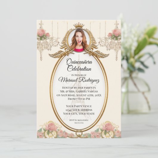 Paris Quinceañera Blush Gold w Chandelier Kaart (Staand voorkant)