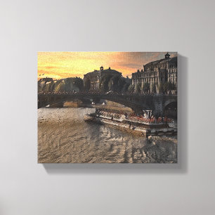 Paris Rivier Muur Kunst Stadsgezicht Zonsondergang Canvas Afdruk